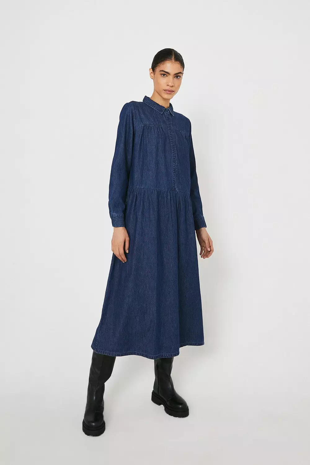 Chambray Gathered Yoke Midi Dress | Warehouse